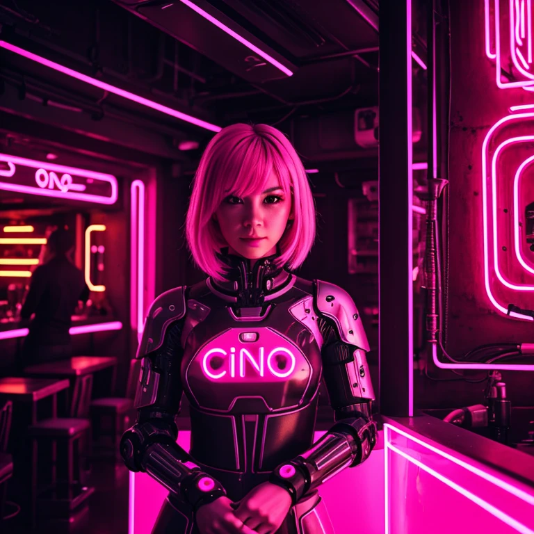 1 girl, pink neon ,robot, female cyborg , cyberpunk tea house, robotic patrons, dim lighting, neon signs,fcPortrait, neon,cyberpunk, futuristic , 
