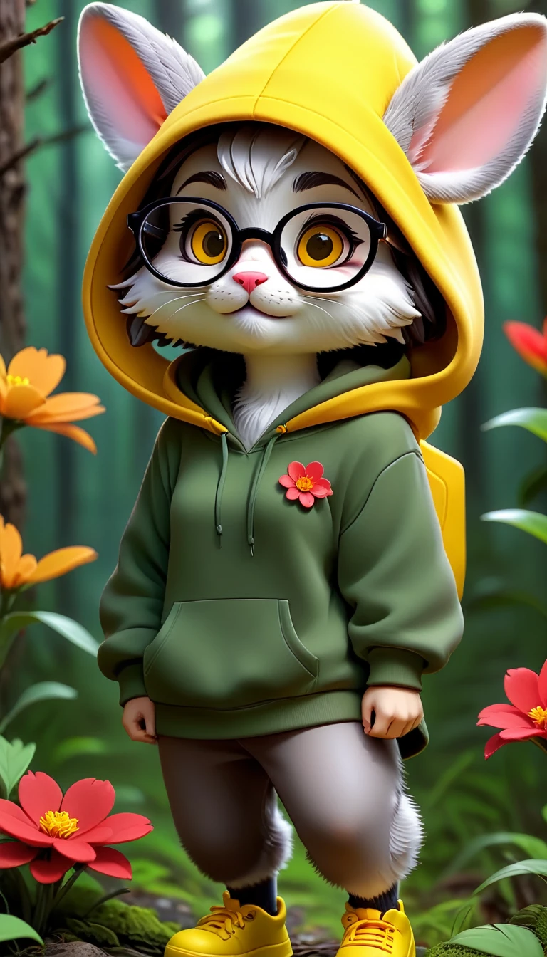 Cute rabbit，hairy，Wearing a yellow hoodie,Wearing cute glasses。It is female，Because there is a bright red flower on its head.。Stroll through the forest where various animals live.,, Disney and Pixar style, cute numbers, comic characters, 3D rendering, bright lights, bright colors,High level of image quality、for a great job