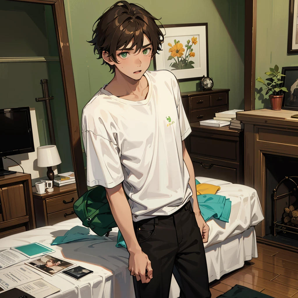 18 year old boy, tierno, messy light brown hair, ojos color verde, mirada perdida ,He is dressed in a white t-shirt and black pants in a room at home