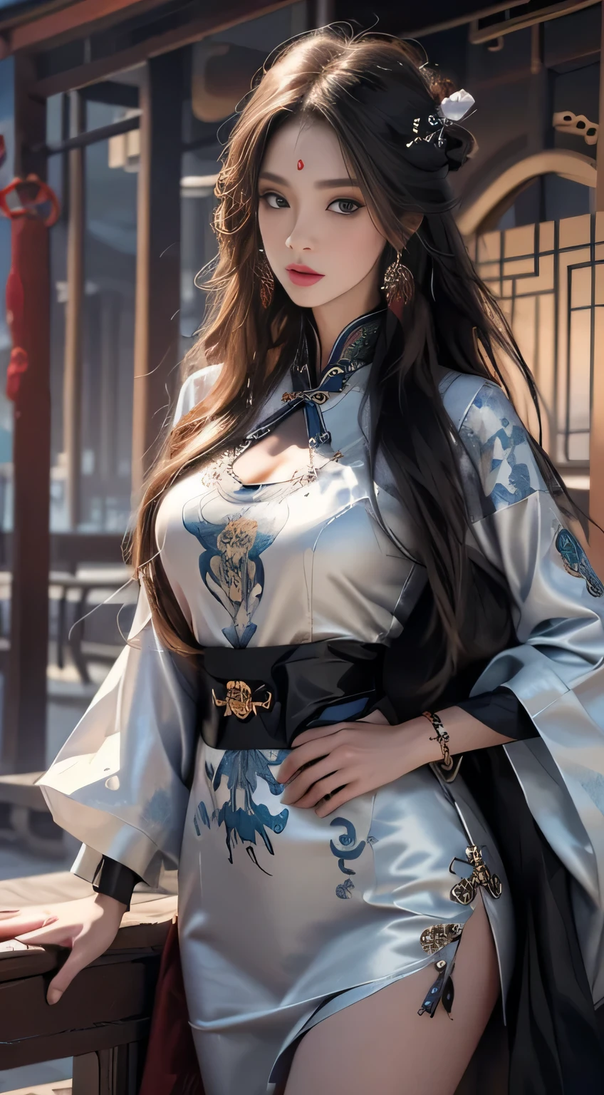 Photorealistic, High resolution, 1 woman, hips up high, Beautiful eyes, Long hair, Ringed Eyes, Jewelry, The tattoo, Hanfu, chinese fairy, Taoist uniform, ((face to viewer)), ((3/4body)).