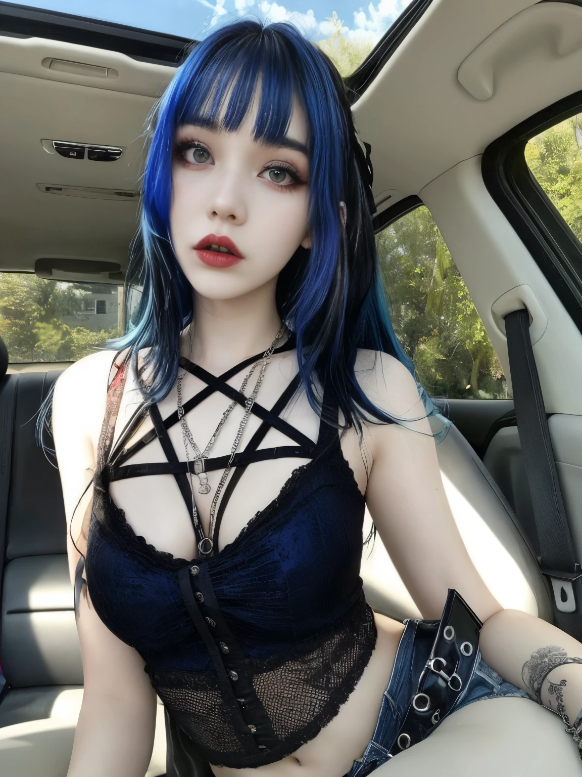 arafed woman with blue hair sitting in a car, 1 7 - year - old goth girl, cruel korean goth girl, goth girl aesthetic, 1 7 - year - old anime goth girl, goth girl, pale goth beauty, blue and black, pretty girl with blue hair, with blue hair, she looks like a mix of grimes, black and blue, goth aesthetic