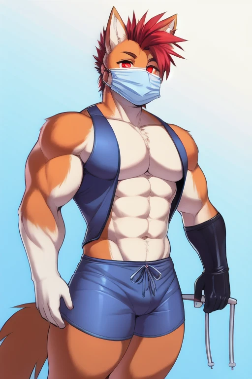 A boy，Abs，orange color hair，red fox，Collar，blindfolds，mouth mask