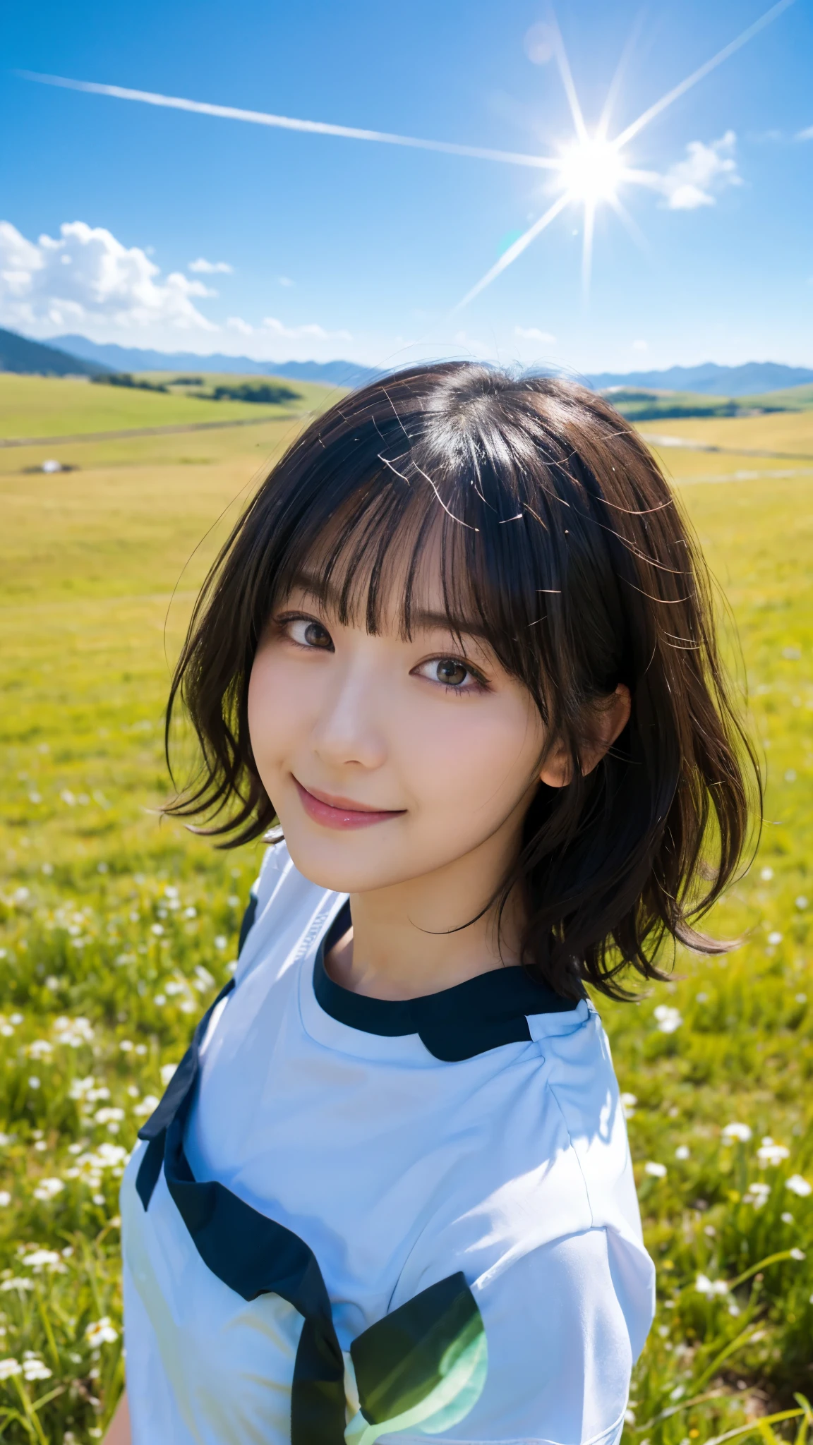 (highest quality,masterpiece:1.3,ultra high resolution),(Super detailed,caustics,8k),(photorealistic:1.4,RAW shooting),18-year-old,cute,Japanese,Short black hair with outward curls,(white t-shirt),(smile),look up at the camera,blue sky,sun,Backlight,(top of the hill),(Tall green grassland:1.1),(Standing in the steppe),(shot from the waist up),(face focus),(face close up),(High-situation:1.4),(high angle:1.4),Natural light