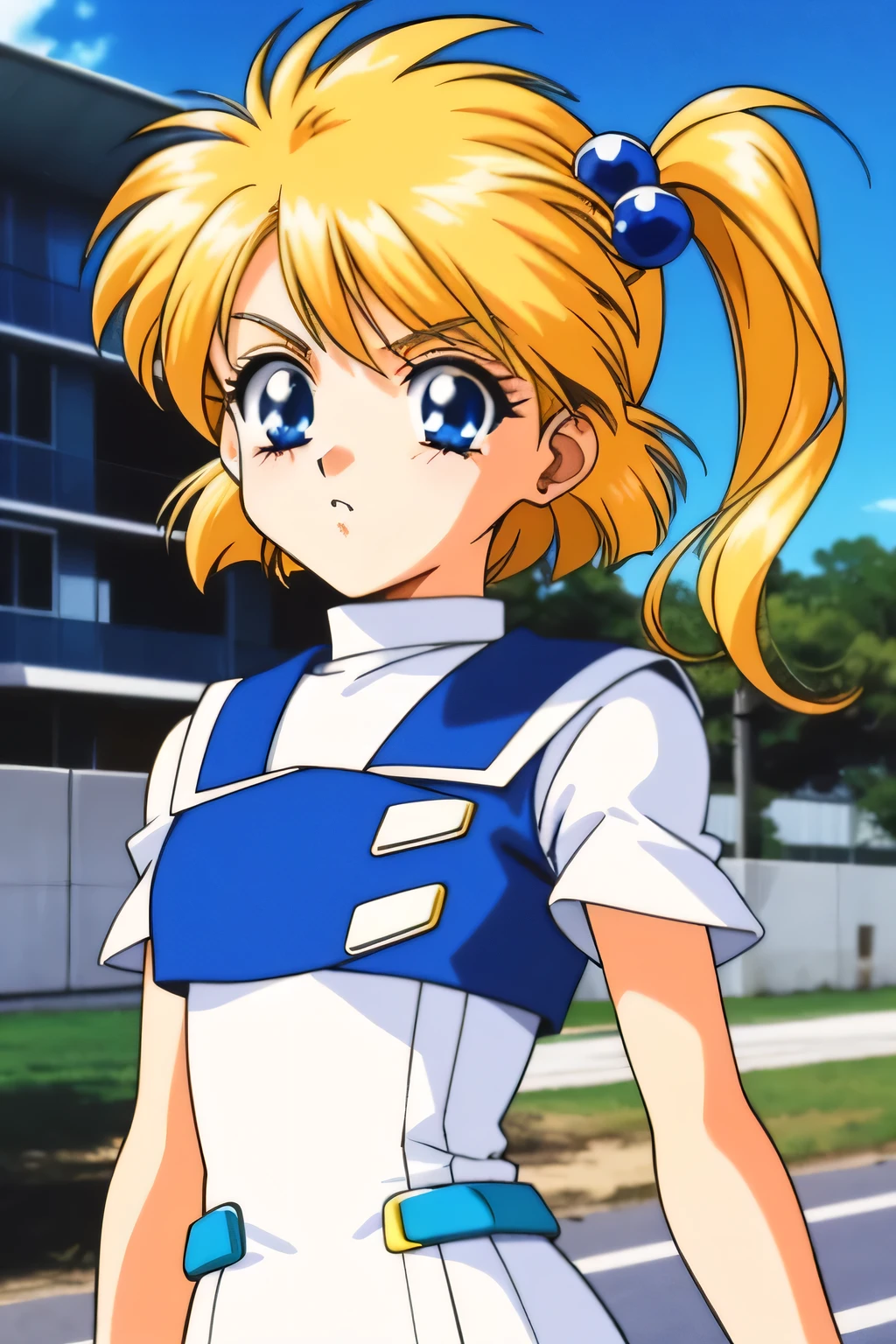 Plesia xenosakis, blue eyes, blonde hair, ・Hair bobble, short hair, side ponytail,・Hair ornaments, loose under shoes, under shoes, bikini, shoes, 1 girl. difficult, Upper body、Are standing、Facing forward 1990s \(style\), anime, retro artstyle, anime_screen cap, animated gif, mp4 ,video, animated,