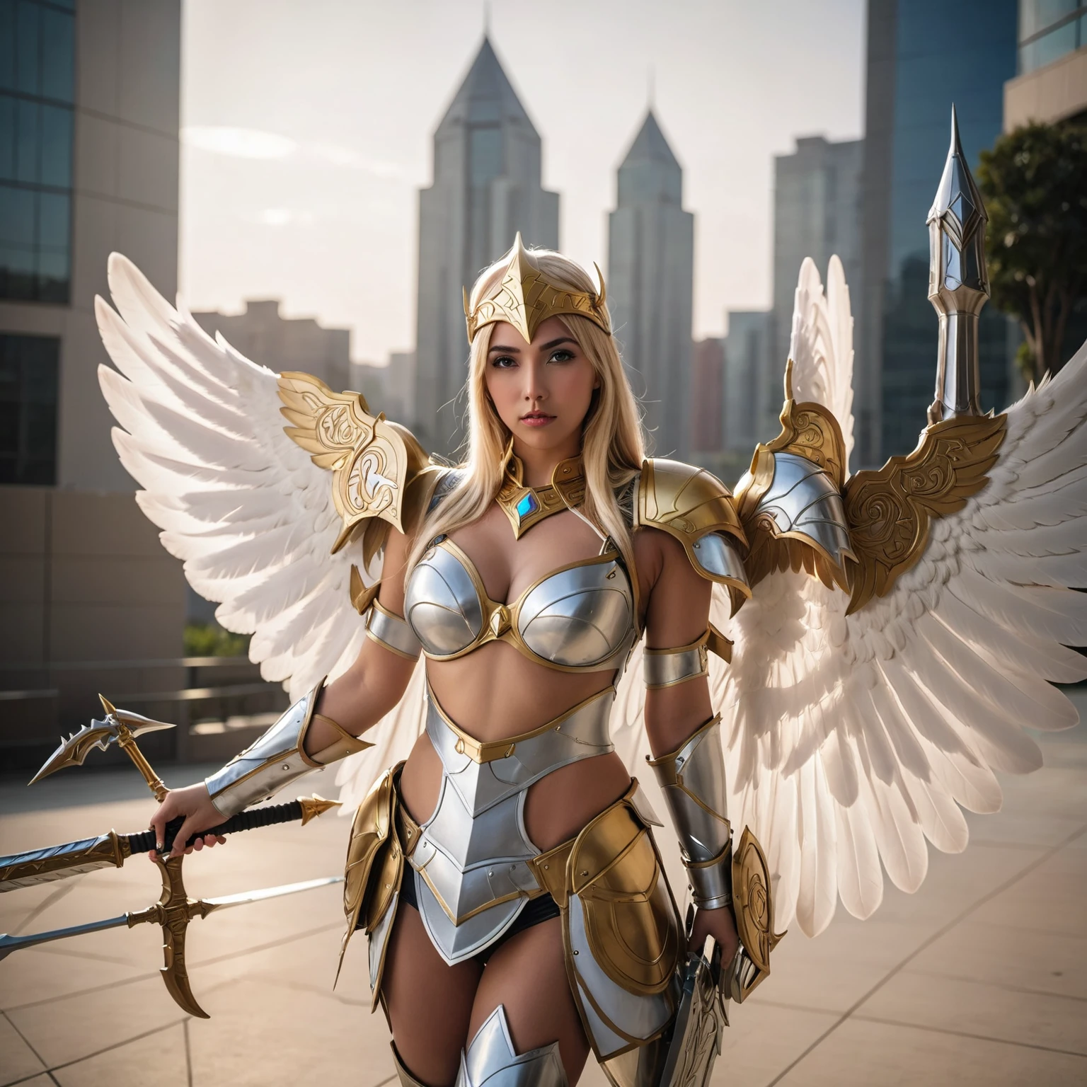 Arabian woman in costume with wings and armor, as a mystical valkyrie, valkyrie, Gorgeous cosplay, Lux from League of Legends, mechanized valkyrie girl, glamorous cosplay, female knight in bikini armor, sexy blonde warrior, mystical valkyrie, fantasy photography, sheila, she - ra, angel golden armor, Digimon Angewomon, angel knight girl