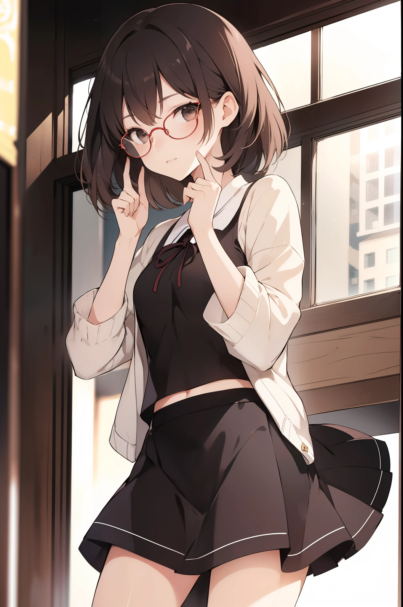 1girl, asian, middle hair, skirt, glasses, bare legs, 
