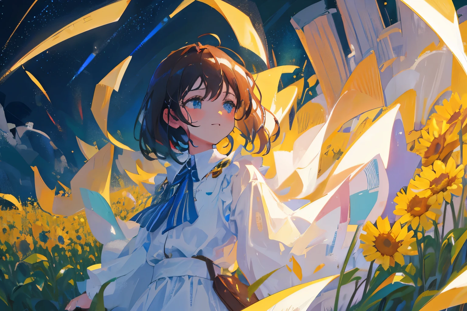 Masterpiece, highres, best quality, official, details, solo, 1 female, modern, wind, flower fields, crying, ray trancing, rainning