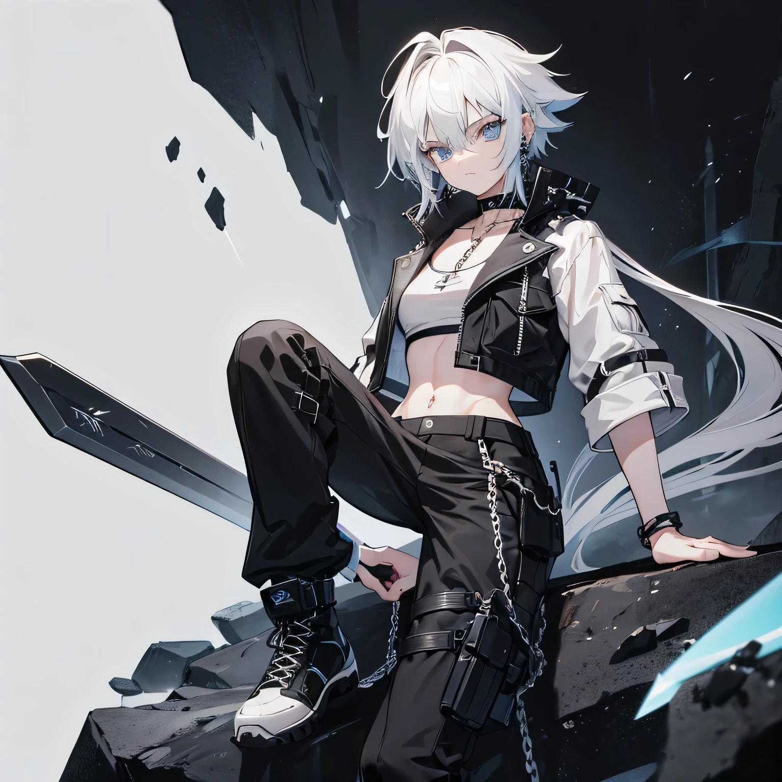 an androgynous person with messy white modern mullet, has a lot (not too much) of titanium piercing on their ears. they have some other accessories like bracelets and chain titanium choker. their height is 163cm, they like to wear black cargo pants with cropped black jersey and hiking boots. their power is metal manipulation. their weapons are mostly knives or swords, but also spears and knuckle brass. their eyes are blue-ish grey.