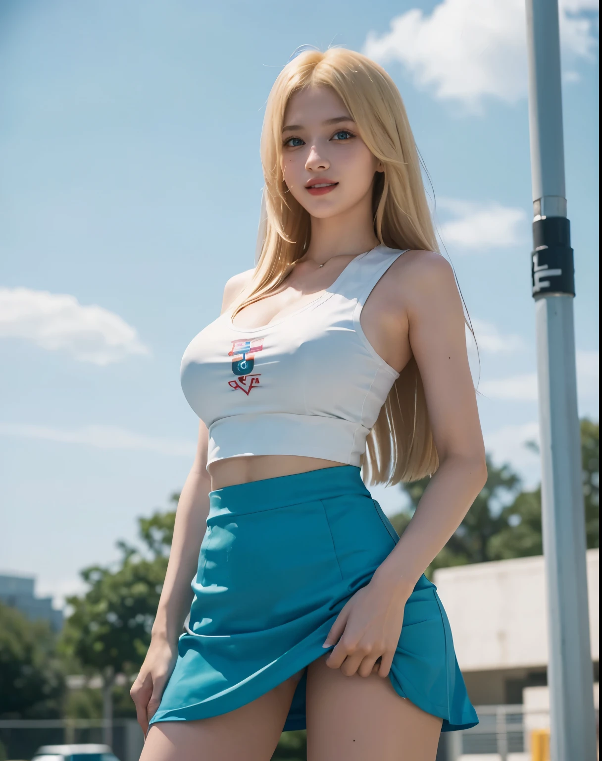 1girl, (Blue eyes), (smiling :1.2), (Sana Minatozaki), wide hips :1.2, Big tits :1.2, big ass, toned legs, (Best Quality, 8k, Masterpiece: 1.3), Clear Focus: 1.2, Perfect Body Beauty: 1.4, Highly detailed face and skin texture, detailed eyes, double eyelids, (blonde long straight hair :1.2), cleavage, (white sleeveless cheerleading shirt), (teal cheerleading miniskirt), standing, dynamic pose, in a school yard, flagpole in the background