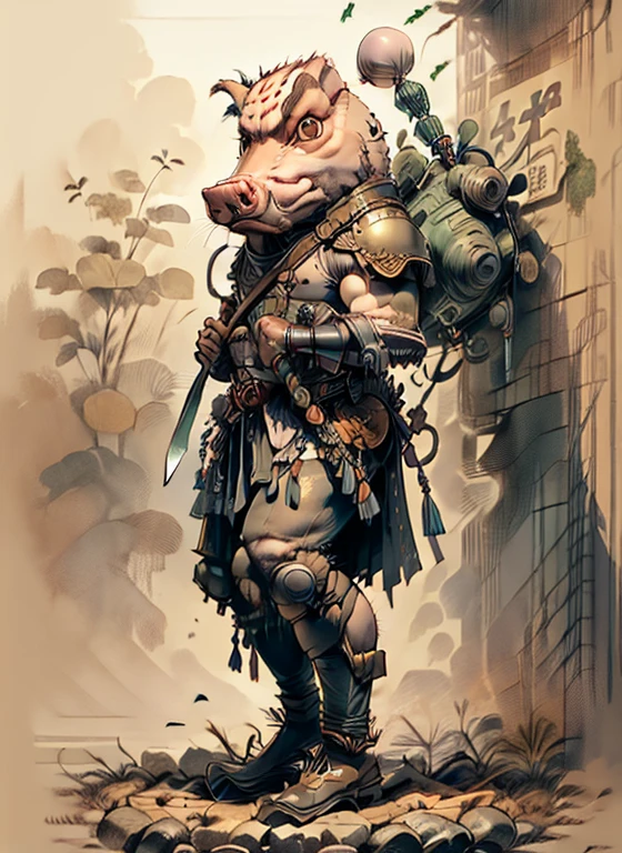 (head to toe: 2.0), (full body image: 2.0), solo, anthropomorphic hog, (head of a hog: 1.3), large, (fat), muscular, (carrying a large serrated cleaver: 1.4), regal clothing, facial piercings, extremely stylized, deviant art, masterpiece, highly detailed, detailed eyes, expressive detailed eyes, detailed pupils, crown, boots, entire body image, full body shot, nvinkpunk, professional photograph of alexander_skarsgard, tassles, string of large beads, large tassels, ((bald: 1.4)), pale pink skin, wearing full armor