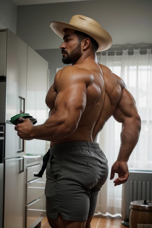 hulk photography, light cinematic heavyweight bodybuilder, 75 kg of complete muscle,  Bigote grueso y trozo chino barbudo, hombres muy guapo. perfect body proportion,, hypermuscular nalgon, realista,  cowboy with hat, gray shorts, backside, trasero inclinado