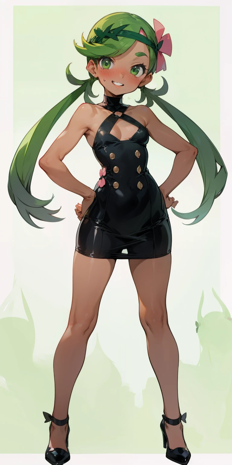  1girl, zodiac_mallow, solo, lovely small breasts, solo, green hair, long hair, twintails, headband , pink flower in hair, green eyes, looking at viewer, dark skin, head tilt,smile, parted lips(teeth), nose blush, blush,dark skin, nude,black tight dress, latex dress, buttons, see-through, cleavage,black heels, in the castle, standing,spread legs, hands on hips, Full-body 