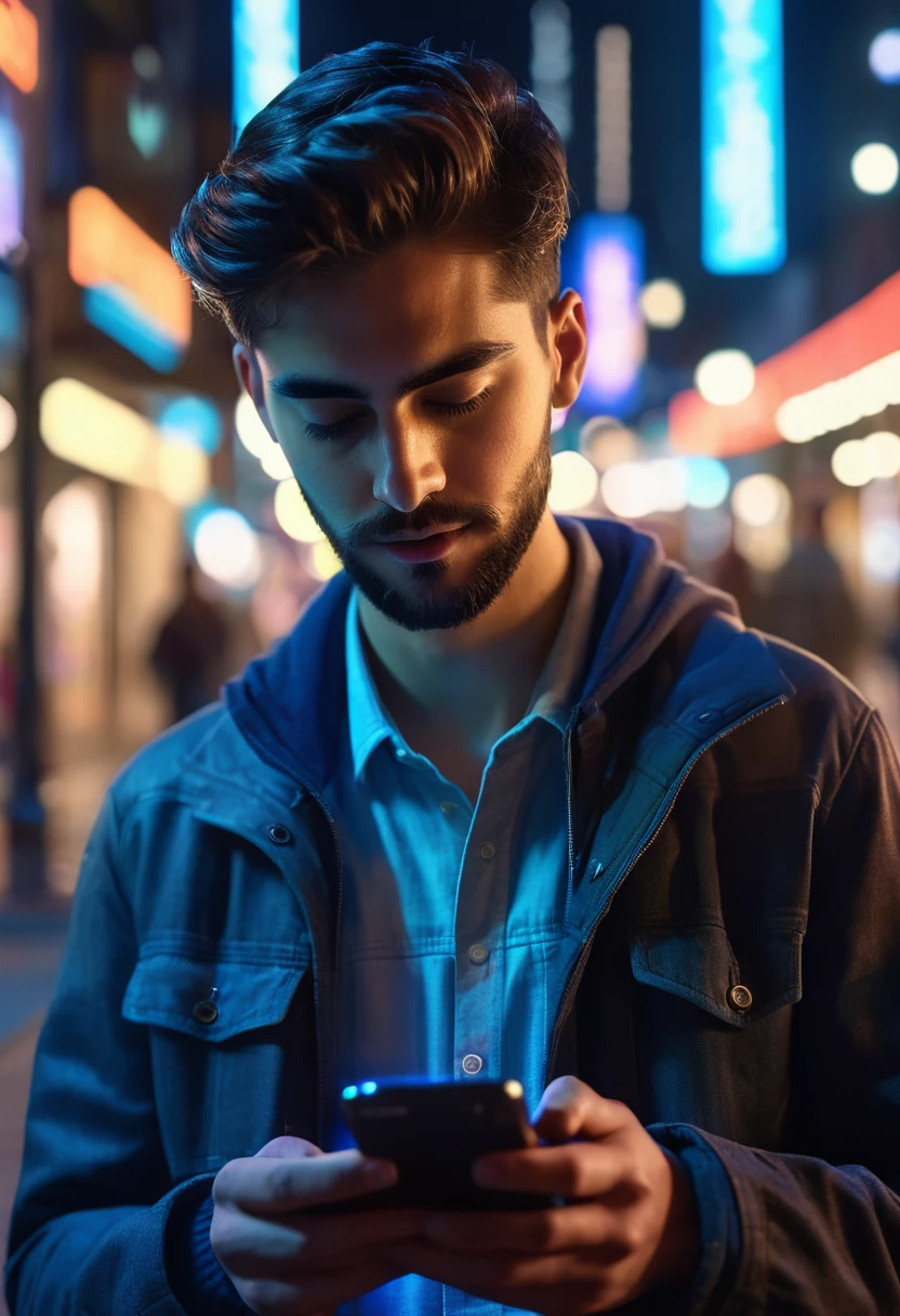 hyper realistic comercial image, a 25-year-old man typing on his cell phone on a city street at night,  social media images projected as holograms, bokeh light effects, lens flare effects, on a great city, 8k resolution, dramatic lighting, depht blur , greg rutkowsky style, raw photo