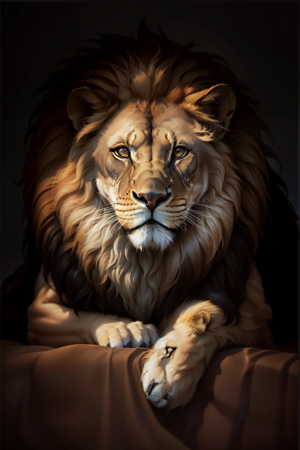 a close-up of a lion lying on a black surface, Rei da floresta, portrait of a lion, with a lion's mane, a lion's mane, half lion, Lion's face, retrato de um rei, senhor da selva, lion head, forte e feroz, Aslam, the lion, lion warrior, lion body 8k glossy black image background.