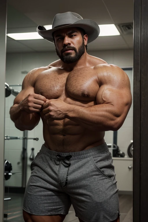 hulk photography, light cinematic heavyweight bodybuilder, 75 kg of complete muscle,  Bigote grueso y trozo chino barbudo, hombres muy guapo. perfect body proportion,, hypermuscular nalgon, realista,  cowboy with hat, gray shorts, , trasero inclinado