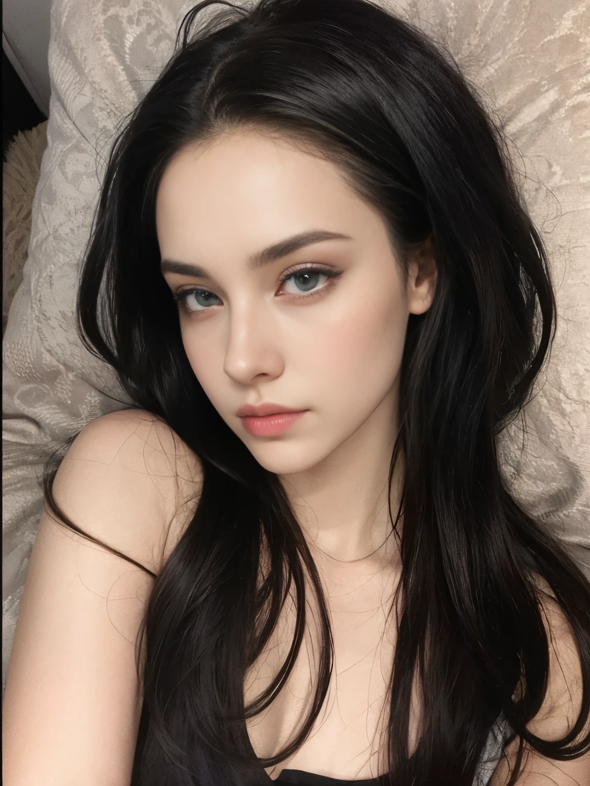 arafed woman with long black hair and blue eyes laying on a bed, dark hair and makeup, black hair and large eyes, wonderful dark hair, attractive beautiful face, pale-skinned persian girl, natural soft pale skin, attractive girl, pale glowing skin, 18 years old, black-hair pretty face, 2 4 year old female model