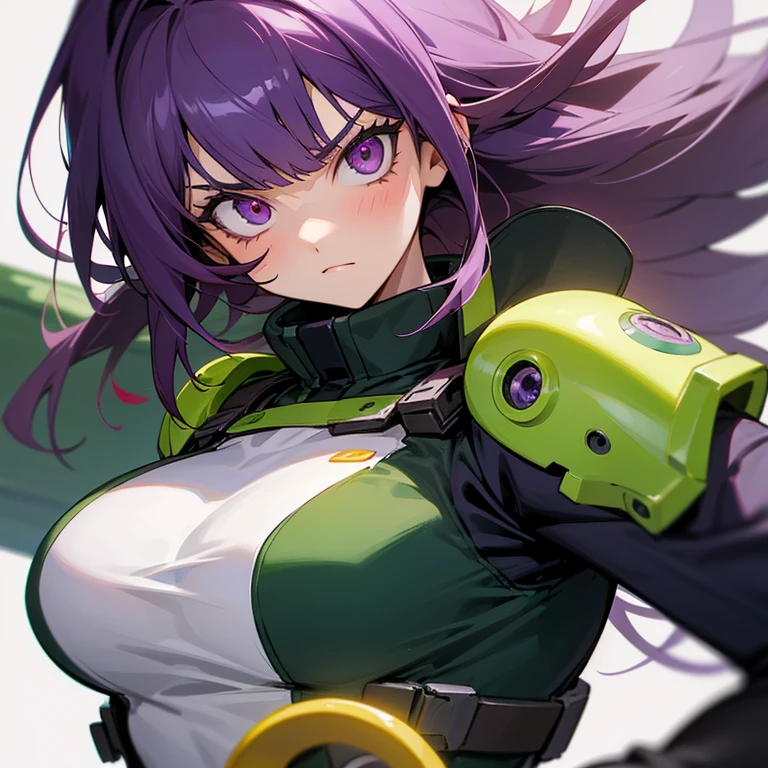 16 year old girl,height 173 centimeters, ojo izquierdo verde, ojo derecho morado, serious expression, cabello blanco con mechas moradas, tono de piel claro, 2d, chica de anime Boku no hero academia, ojos delgados