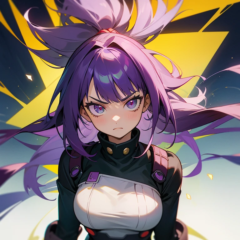 16 year old girl,height 173 centimeters, ojo izquierdo verde, ojo derecho morado, serious expression, cabello blanco con mechas moradas, tono de piel claro, 2d, chica de anime Boku no hero academia, ojos delgados