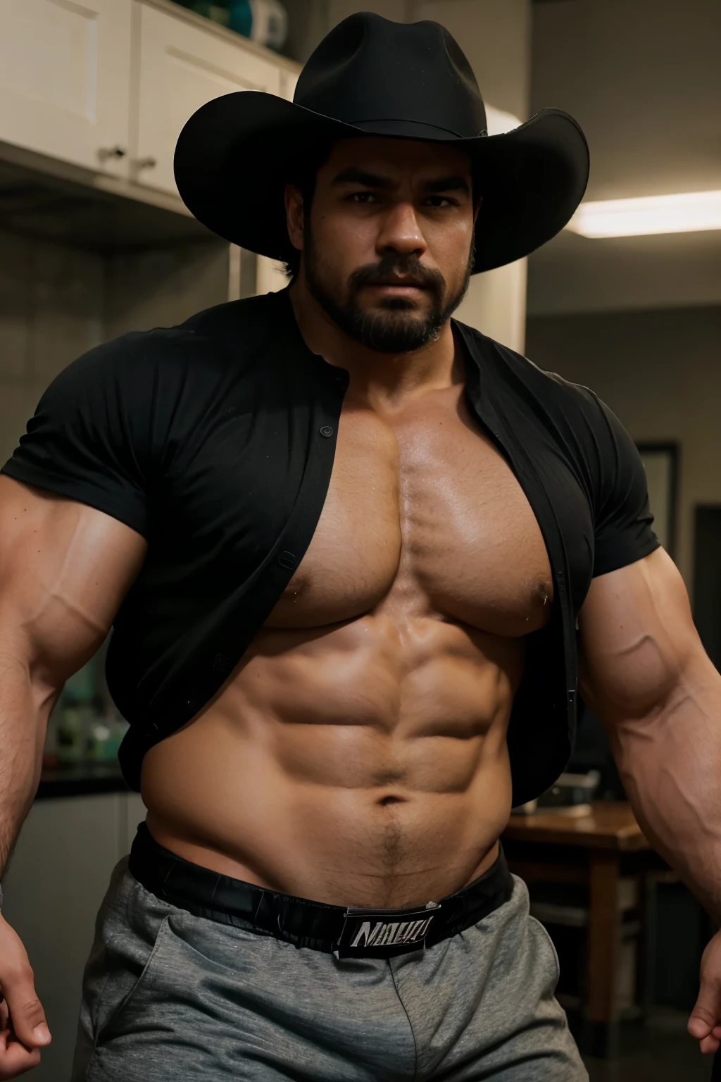 hulk photography, light cinematic heavyweight bodybuilder, 75 kg of complete muscle,  Bigote grueso y trozo chino barbudo, hombres muy guapo. perfect body proportion,, hypermuscular nalgon, realista,  cowboy with hat, black shorts, , trasero inclinado