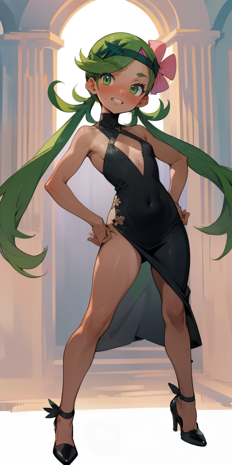  1girl, zodiac_mallow, solo, lovely small breasts, solo, green hair, long hair, twintails, headband , pink flower in hair, green eyes, looking at viewer, dark skin, head tilt,smile, parted lips(teeth), nose blush, blush,dark skin, nude,black tight dress(see-through), long dress, cleavage,black heels, in the castle, standing,spread legs, hands on hips, Full-body 