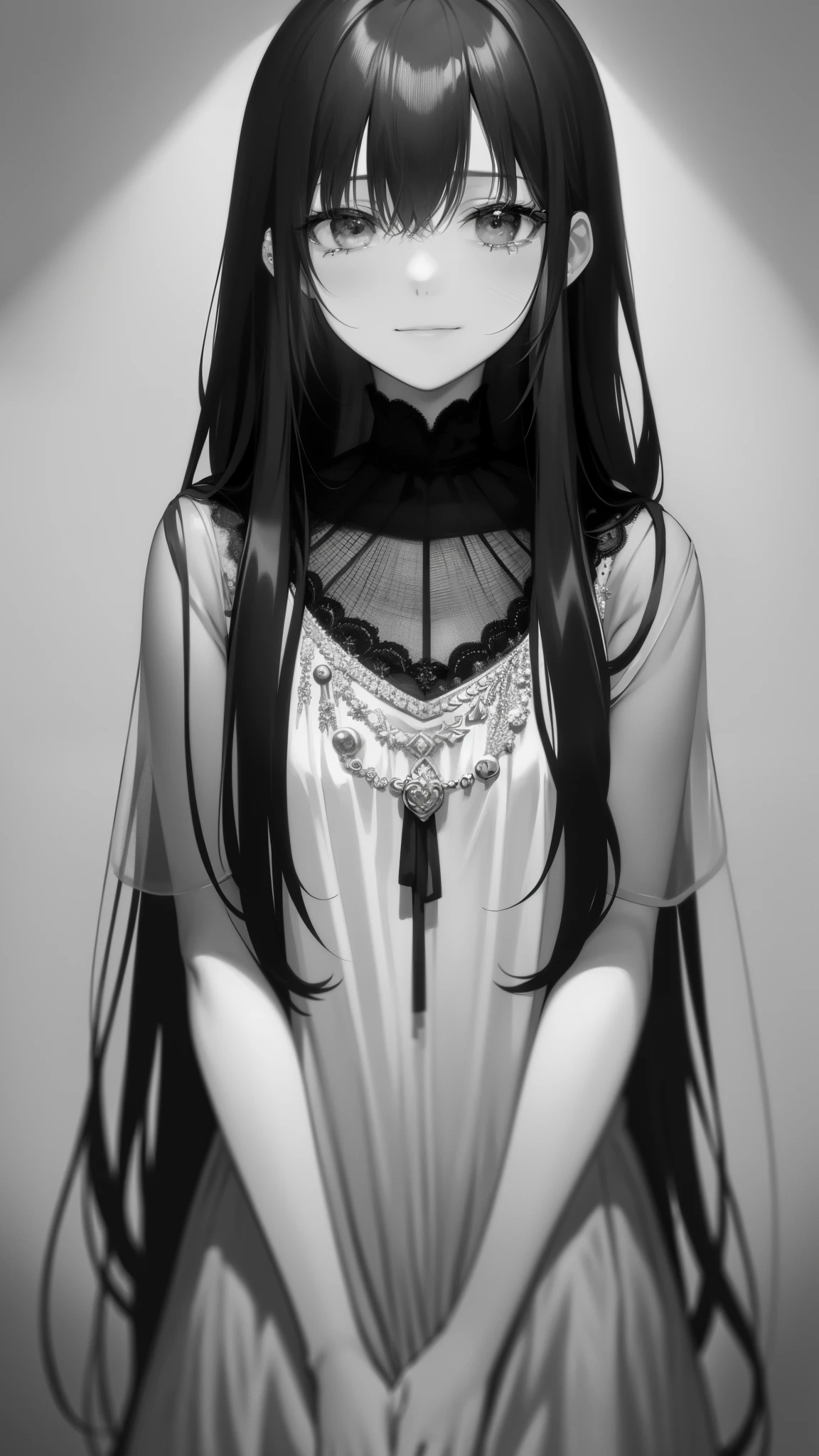 NauSKaaValOfWi, a monochrome and greyscale painting, displays a sad and beautiful 1girl. Her upper body is depicted in great detail, with expressive eyes shedding tears that glisten like pearls, and a sad smile playing on her lips. Her long, wavy hair cascades down her shoulders, contrasting the simplicity of the greyscale background. The painting captures the essence of melancholy, allowing the viewer to connect deeply with the emotions portrayed.