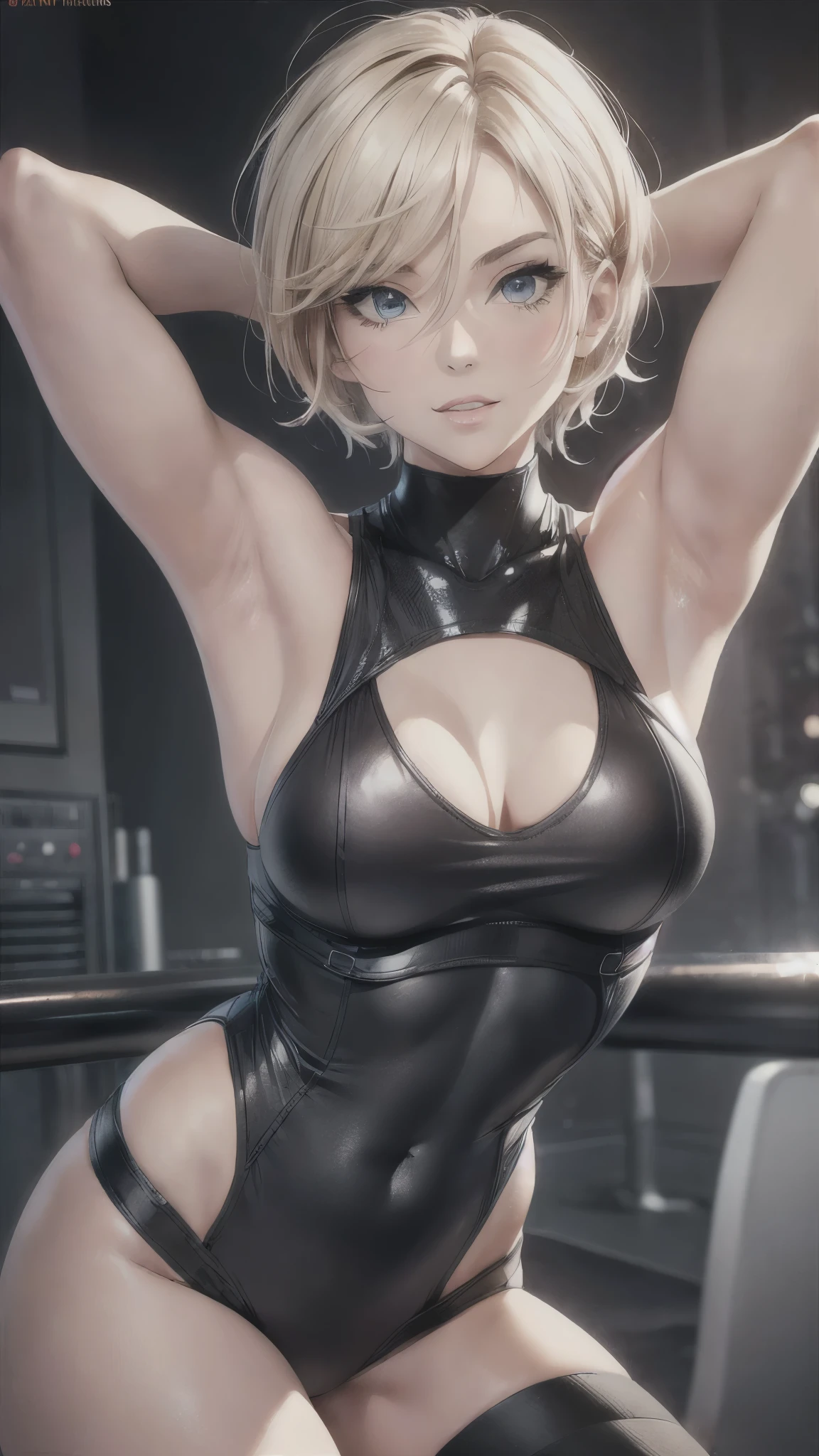 (best quality,4k,8k,highres,masterpiece:1.2),ultra-detailed,(realistic,photorealistic,photo-realistic:1.37),full body,beautiful detailed eyes,beautiful detailed lips,extremely detailed eyes and face,longeyelashes,lean and fit body,confident smile,energetic pose,attractive appearance,colorful background,vibrant colors,studio lighting,bokeh,female artist,professional,blonde short bob hair,((forehead band)),aerobics instructor,grin,sweat,active lifestyle,sporty look,((high cut leotard,socks,boots)),flexible movements,slenderness body,shiny texture,sculpted figure,progressive fitness environment,positive attitude,healthy glow,fitness motivation,dedicated trainer
