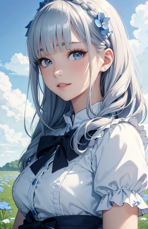 masterpiece、highest quality、High resolution、high quality images、8K, 1 female、skin luster、Texture of skin and clothing、Expression of fine eyes、shiny bright silver hair,Girl with long silver braided hair, Manga inspired by Lee Jong-suk, trending on deviantart, realism, detailed manga style, manga art style, perfect line drawing, beautiful line drawing, digital manga art girl, K-POPアイドル, beautiful light blue eyes, plump lips, detailed gorgeous face, (cute smile), charm, innocent, Side view, (perfectly detailed face), (fine hands) photorealistic images, Depth of written boundary, Princess hairstyle, Corolla on the head ,ruffle dress ,Delicate illustrations, ultra-high definition BREAK (field of Nemophila flowers) outdoor, (Nemophila:1.2) (Realistic blue flower:1.1), (A sea-blue flower field), horizon, noon, detailed background ,romanticism,