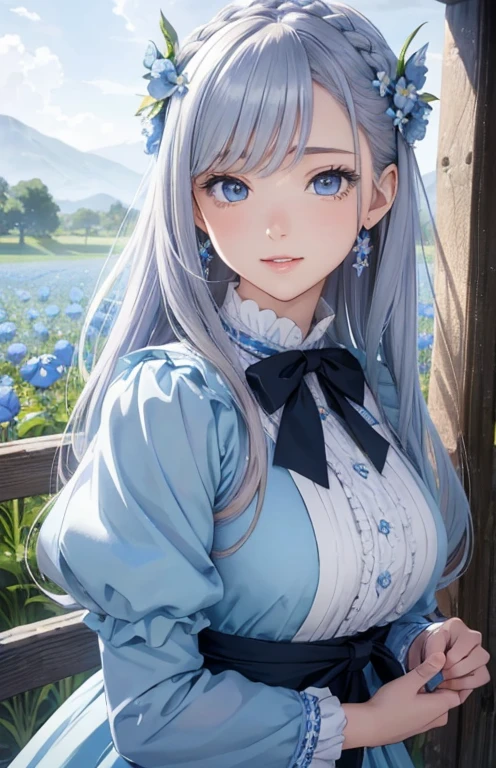 masterpiece, best quality, marianne_timeskip, blue dress, capelet, dark alpine forest, standing, night, looking up, upper body, detailed face 