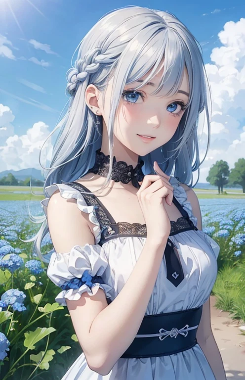 masterpiece、highest quality、High resolution、high quality images、8K, 1 female、skin luster、Texture of skin and clothing、Expression of fine eyes、shiny bright silver hair,Girl with long silver braided hair, Manga inspired by Lee Jong-suk, trending on deviantart, realism, detailed manga style, manga art style, perfect line drawing, beautiful line drawing, digital manga art girl, K-POPアイドル, beautiful light blue eyes, plump lips, detailed gorgeous face, (cute smile), charm, innocent, Side view, (perfectly detailed face), (fine hands) photorealistic images, Depth of written boundary, Princess hairstyle, Corolla on the head ,ruffle dress ，Delicate illustrations, ultra-high definition BREAK (field of Nemophila flowers) outdoor, (Nemophila:1.2) (Realistic blue flower:1.1), (A sea-blue flower field), horizon, noon, detailed background ,romanticism,