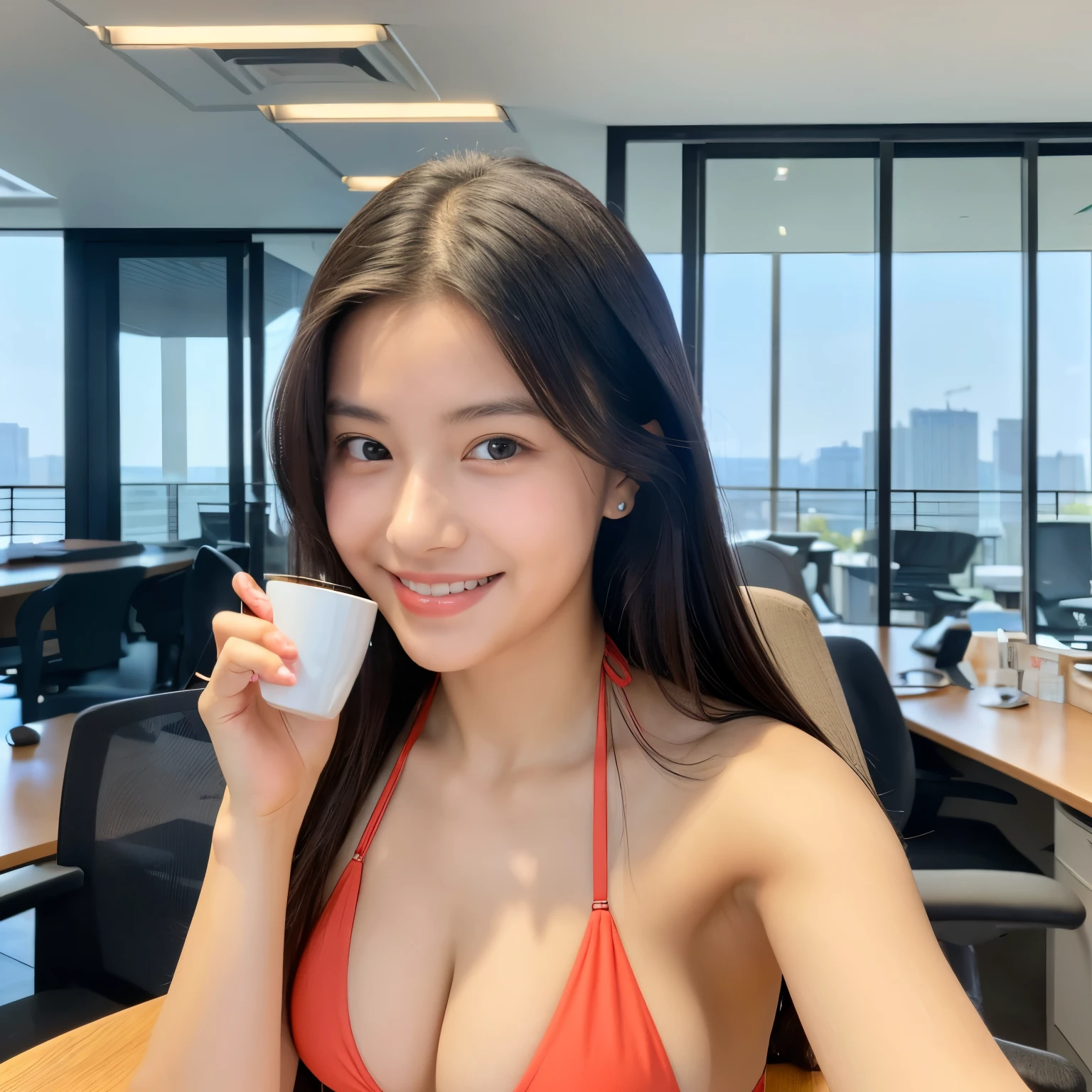 She looks 13 but has the cute face of a 20-year-old idol Gentle and cute smile gently Medium size bust wearing a bikini She is serving tea to her boss in a bikini in a spacious office in a high-rise building. Raw photo genuine real Life Do not display copyright