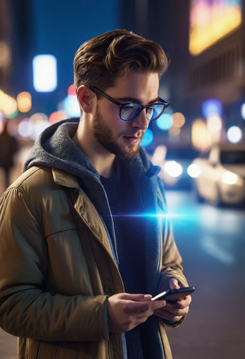 hyper realistic comercial image, a 25-year-old man typing on his cell phone on a city street at night,  social media images projected as holograms, bokeh light effects, lens flare effects, on a great city, 8k resolution, dramatic lighting, depht blur , greg rutkowsky style, raw photo