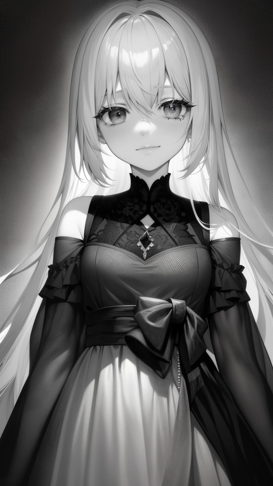 NauSKaaValOfWi, a monochrome and greyscale painting, displays a sad and beautiful 1girl. Her upper body is depicted in great detail, with expressive eyes shedding tears that glisten like pearls, and a sad smile playing on her lips. Her long, wavy hair cascades down her shoulders, contrasting the simplicity of the greyscale background. The painting captures the essence of melancholy, allowing the viewer to connect deeply with the emotions portrayed.