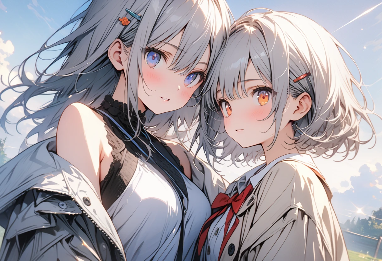 ((masterpiece)), ((highest quality)), ((High resolution)), ((Highly detailed CG integrated 8k wallpaper)), (She is  half up side tail hair and orange eyes), beige blazer, and thin red ribbon across chest and white Shoulderless dresses(Her friend is hort bob silver hair, dark blue eyes), white blazer, big blue ribbon on the chest, cute, (two persons:1,2), white blubbery coat, (upper half of body), ((masterpiece, top quality, very detailed)), anime, girl, skirt, oversized coat, (short silver hair, indigo eyes), white blazer and large light blue ribbon across chest, close friends, lovers, two people, masterpiece, best quality, extremely detailed, anime, girl, skirt , fantastic midnighit , dreamy, Two hairpins in the front
