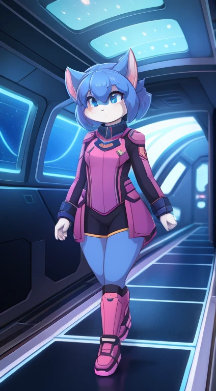 A spaceship promenade has a cute girl strolling around