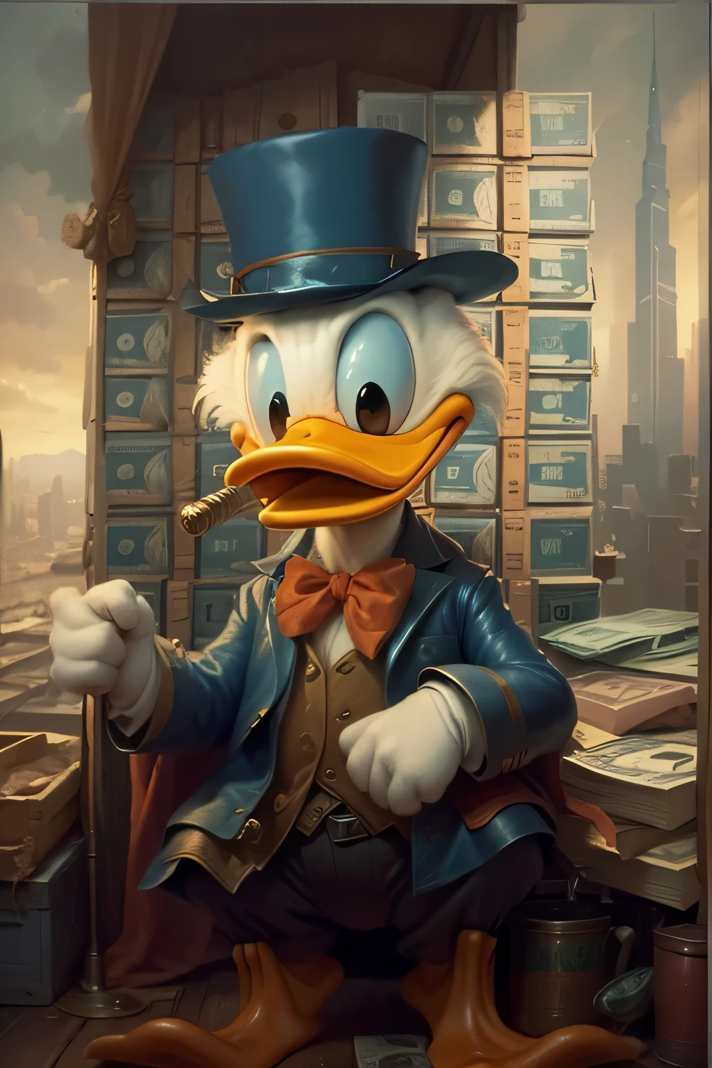 Pato Donald with a top hat and a cane in front of a pile of money, Pato Donald, Pato Donald in real life, inspirado em Carl Barks, inspirado em Jacob Pato, pepe super rico e feliz, plutocracia, Patolino, ostentando sua riqueza, rei do capitalismo, charlatanismo, capitalist clown, retrato de conceito de pato de fantasia, cartaz da disney 532k Multi colorido.