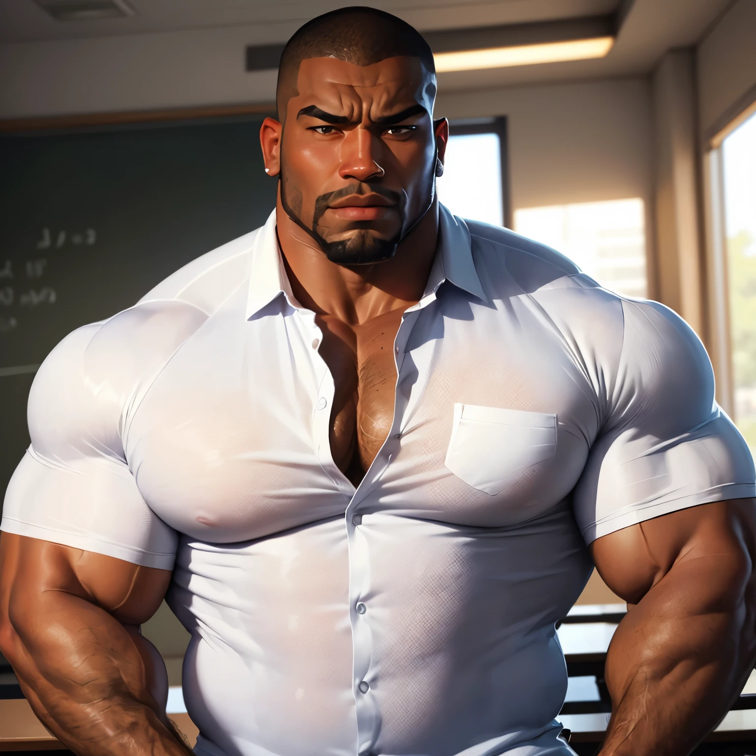 Sexy African American young teacher with semi-short hair and a lot of body hair, super strong with a lot of muscle.,  He is completely naked standing writing on the blackboard about physics, he is wearing glasses, a tie and transparent white stockings, the teacher is blushing, Around him are his students sitting at their desks., everyone completely naked.