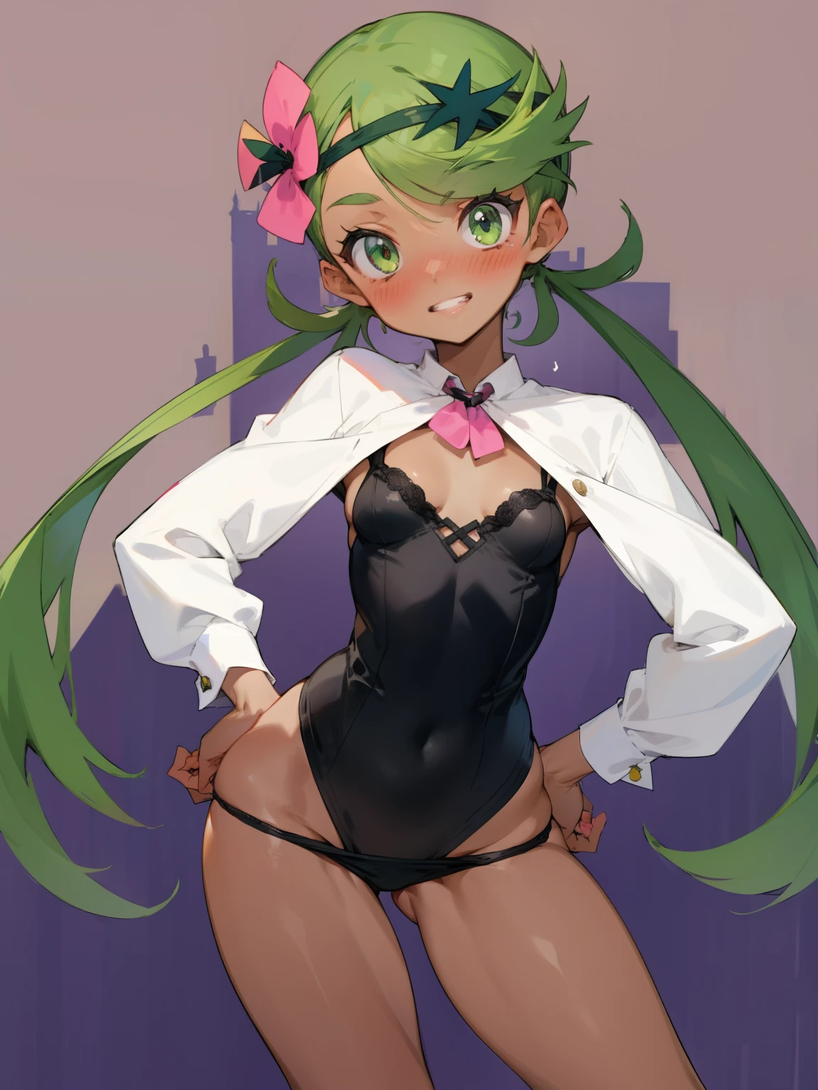  1girl, zodiac_mallow, solo, lovely small breasts, solo, green hair, long hair, twintails, headband, pink flower in hair, green eyes, looking at viewer, dark skin, head tilt,smile, parted lips(teeth), nose blush, blush,dark skin,black silk lingerie, in the castle, standing, hands on hips, panty pull, undress, 