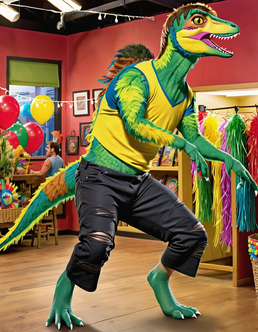 Ultra high resolution, best quality, masterpiece, (pinata transformation:1.4), mid transformation, (a terrified male college boy half human half deinonychus velociraptor piñata hybrid trespassing inside a mexican pinata animal shop after closing time:1.6), shrinking, (you are hanging suspended from the ceiling by wires, strung up mid-air among a display of various pinata beasts:1.5), night time, (wearing a t-shirt and pants:1.5), (human feathered deinonychus piñata partial hybridization:1.55), (the store's anti-theft magic morphs and shrinks you into a deinonychus piñata:1.6), ((crimson:1.6) (slate:1.25) (alabaster:1.35) (black:1.1) (yellow:1.4) (russet:1.45) (green:1.3):2), (part human:1.85), (real life, photorealistic:1.8), (partial feralizaiton:1.7), NSFW