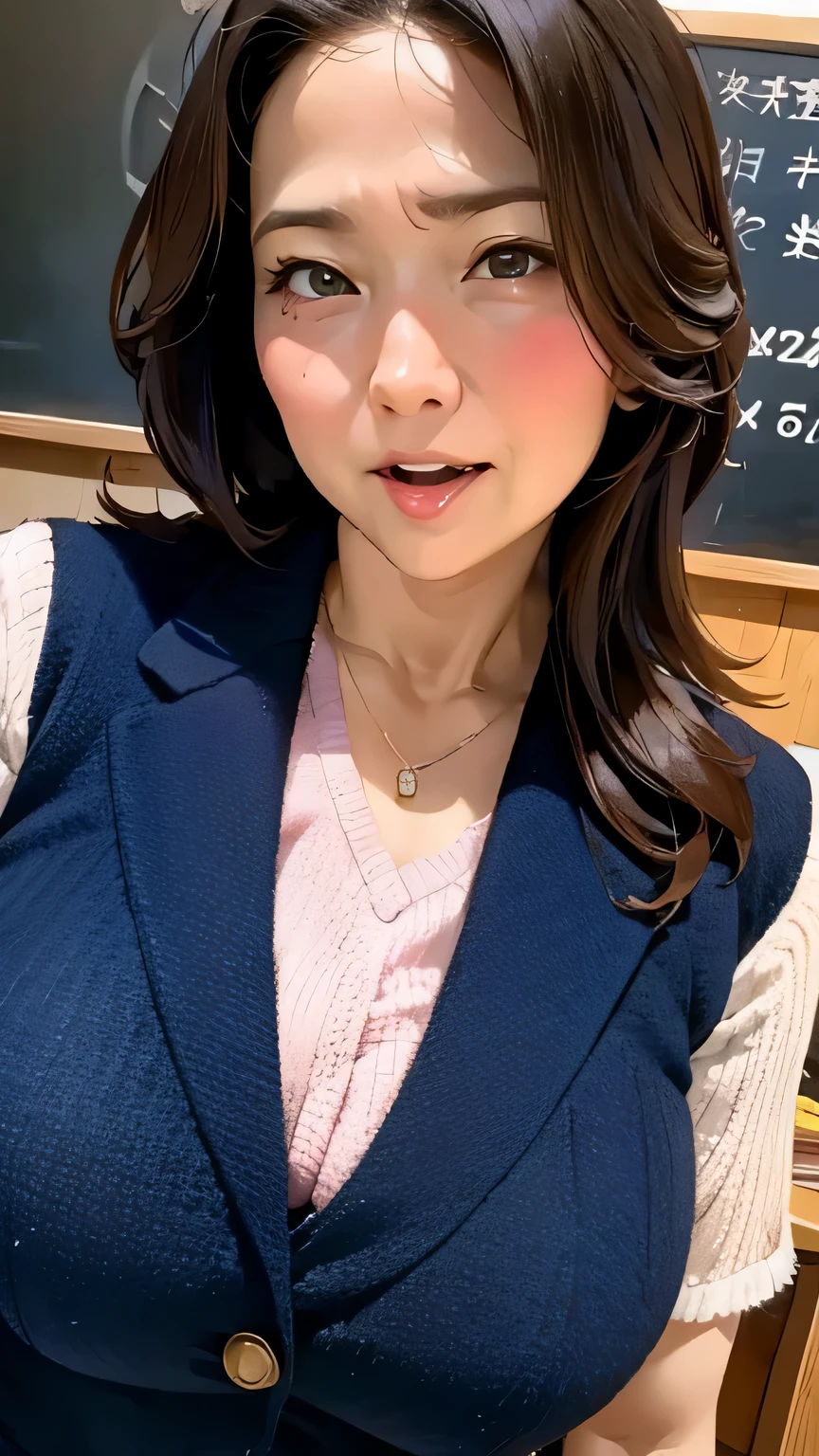 around 30 years old, big breasts Close-up of a woman in a suit posing in front of a blackboard (orgasm face:1.5) shirt