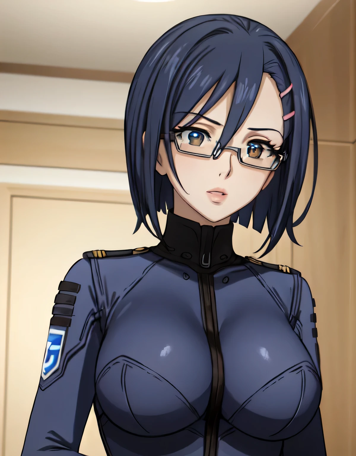 NiimiKaoru,blue hair,short hair,brown eyes,hairclip,lips,semi-rimless eyewear,NiimiBodysuit,blue bodysuit,belt,(large breasts:1.5),(shiny,hair),((solo)),((masterpiece)),((best quality)),perfect anatomy,slim waist,perfect image,8k UHD,(beautiful detailed eyes:1.4),extremely detailed face,standing,(upper body:1.2),(look at the front:1.5),arms behindback,ultra-detailed,absurdres,highres,indoor room,