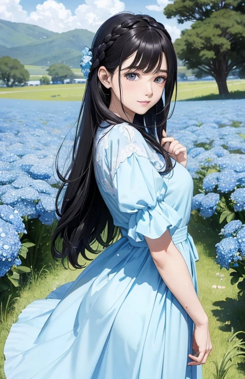 masterpiece、highest quality、High resolution、high quality images、8K, 1 female、skin er、Texture of skin and clothing、Expression of fine eyes、shiny black hair,Girl with long braided hair, Manga inspired by Lee Jong-suk, trending on deviantart, realism, detailed manga style, manga art style, perfect line drawing, beautiful line drawing, digital manga art girl, K-POPアイドル, beautiful purple eyes, plump lips, detailed gorgeous face, (cute smile), charm, innocent, Side view, (perfectly detailed face), (fine hands) photorealistic images, Depth of written boundary, Princess hairstyle, Corolla on the head ,ruffle dress ,Delicate illustrations, ultra-high definition BREAK (field of Nemophila flowers) outdoor, (Nemophila:1.2) (Realistic blue flower:1.1), (A sea-blue flower field), horizon, noon, detailed background ,romanticism,