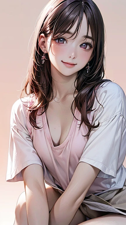 (masterpiece:1.2, highest quality), (realistic, photorealistic:1.4), beautiful illustrations, (natural side lighting, movie lighting), NSFW, looking at the viewer, (27 year old female:1.5)、long hair、sexy、Japanese, Cute symmetrical face, shiny skin, (long hair:1.5, brown hair), shining eyes, Small eyes and long eyelashes, (medium breasts), beautiful hair, beautiful face, fine and beautiful eyes, beautiful clavicle, beautiful body, beautiful breasts, beautiful thighs, beautiful feet, beautiful fingers, Photographed from the waist up, (cute smile, upper grade),(Pale pink background:1.5)、Ochame、（white t-shirt:1.5)