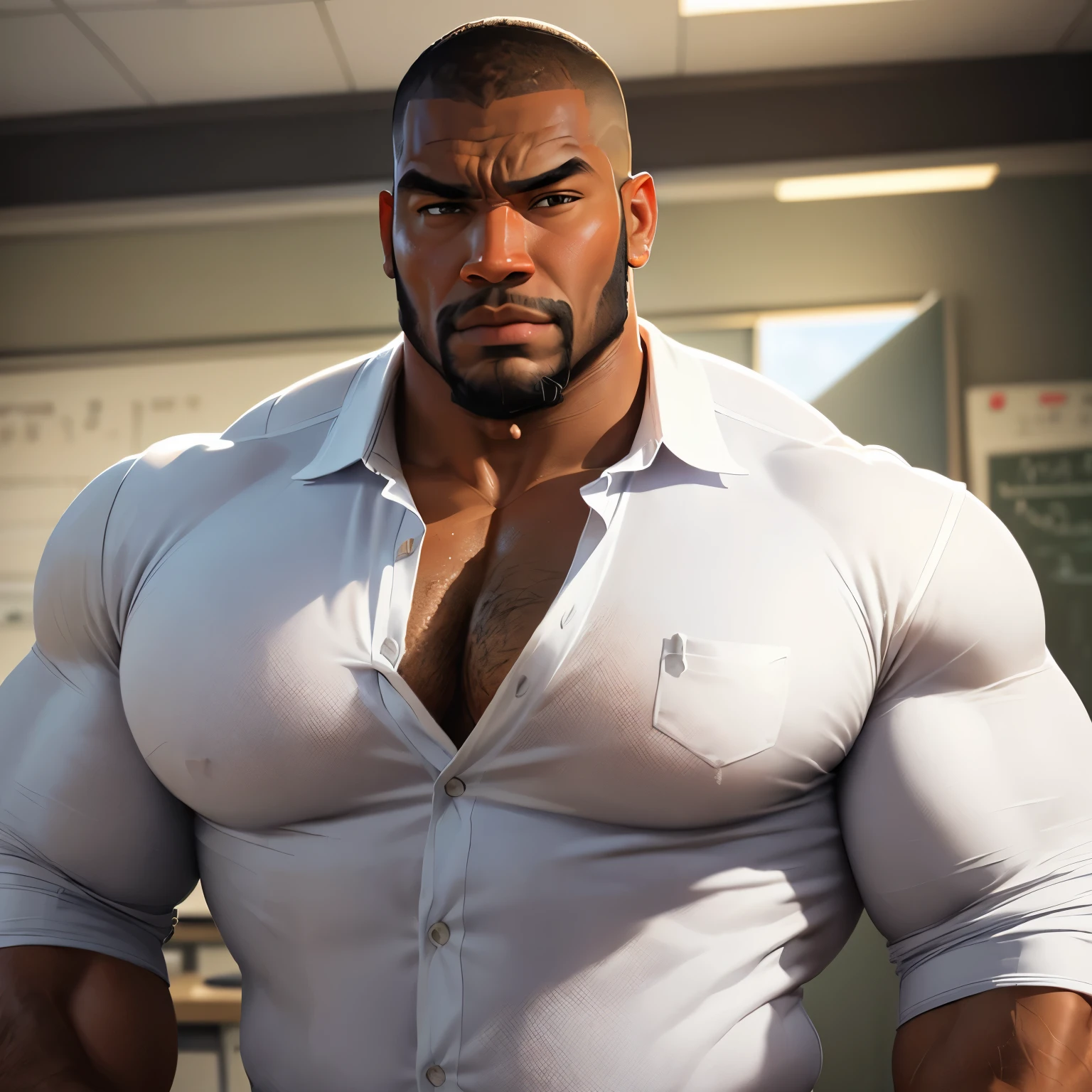 an exaggeratedly muscular and large bodyguard, beefy build, beard, dark-skinned african american male, buzzcut hair with square line, (worried expression: 1.2), (wearing white business casual shirt: 1.2), barely buttoned, school logo on shirt, (bara pecs: 1.3), (arm and chest hair: 1.1), close-up portrait HD, (cowboy shot), dutch angle, (classroom)