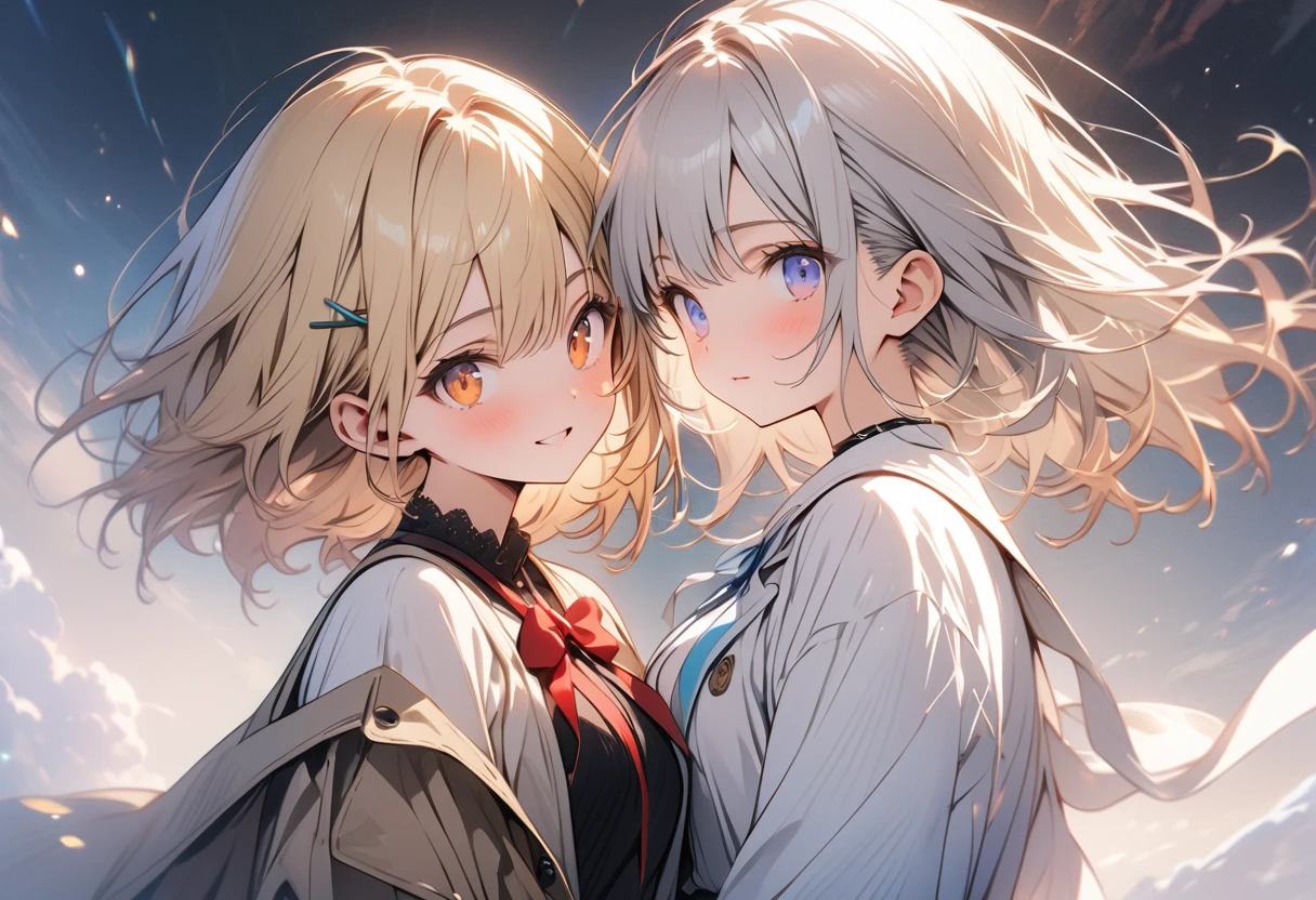 ((masterpiece)), ((highest quality)), ((High resolution)), ((Highly detailed CG integrated 8k wallpaper)), (She is long blonde hair with half up side tails and orange eyes), beige blazer, and thin red ribbon across chest and white Shoulderless dresses(Her friend is hort bob silver hair, dark blue eyes), white blazer, big blue ribbon on the chest, cute, (two persons:1,2), white blubbery coat, (upper half of body), ((masterpiece, top quality, very detailed)), anime, girl, skirt, oversized coat, (short silver hair, indigo eyes), white blazer and large light blue ribbon across chest, close friends, lovers, two people, masterpiece, best quality, extremely detailed, anime, girl, skirt , fantastic midnighit , dreamy, Two hairpins in the front