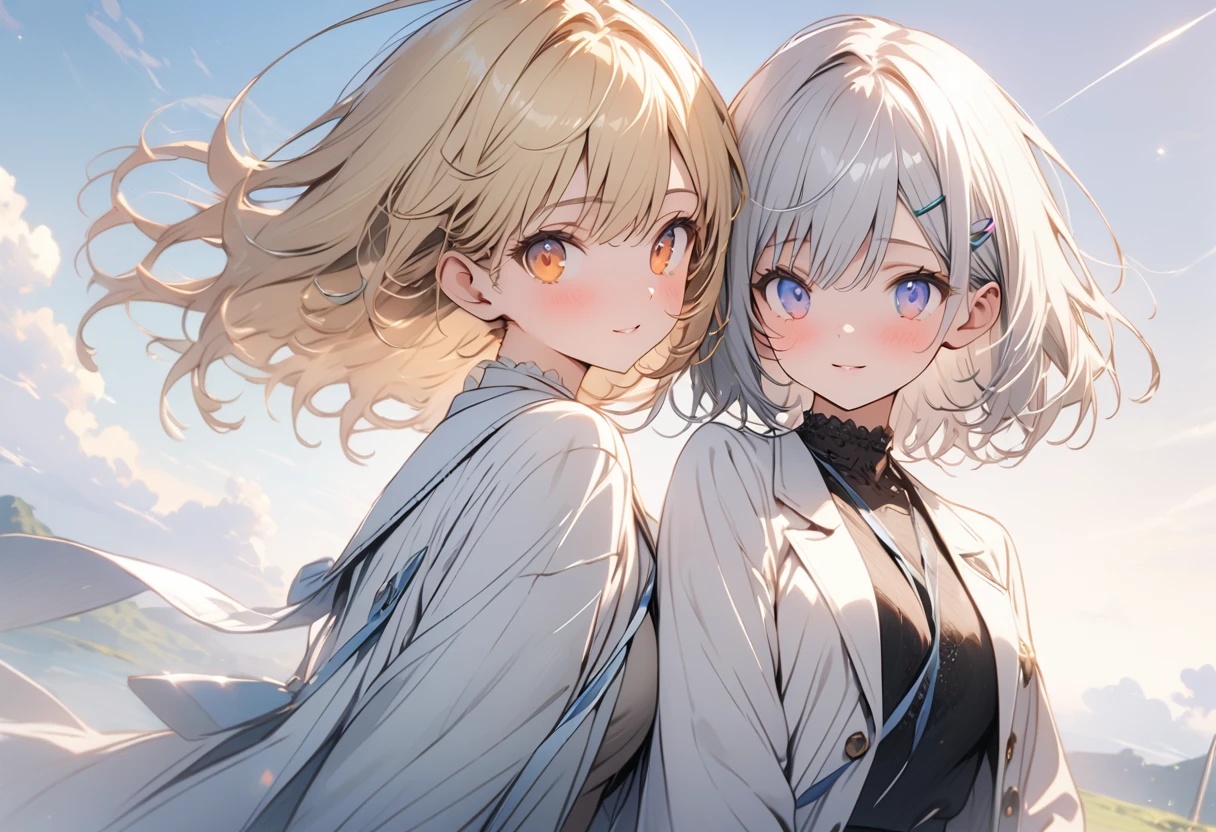 ((masterpiece)), ((highest quality)), ((High resolution)), ((Highly detailed CG integrated 8k wallpaper)), (She is long blonde hair with half up side tails and orange eyes), beige blazer, and thin red ribbon across chest and white Shoulderless dresses(Her friend is hort bob silver hair, dark blue eyes), white blazer, big blue ribbon on the chest, cute, (two persons:1,2), white blubbery coat, (upper half of body), ((masterpiece, top quality, very detailed)), anime, girl, skirt, oversized coat, (short silver hair, indigo eyes), white blazer and large light blue ribbon across chest, close friends, lovers, two people, masterpiece, best quality, extremely detailed, anime, girl, skirt , fantastic midnighit , dreamy, Two hairpins in the front
