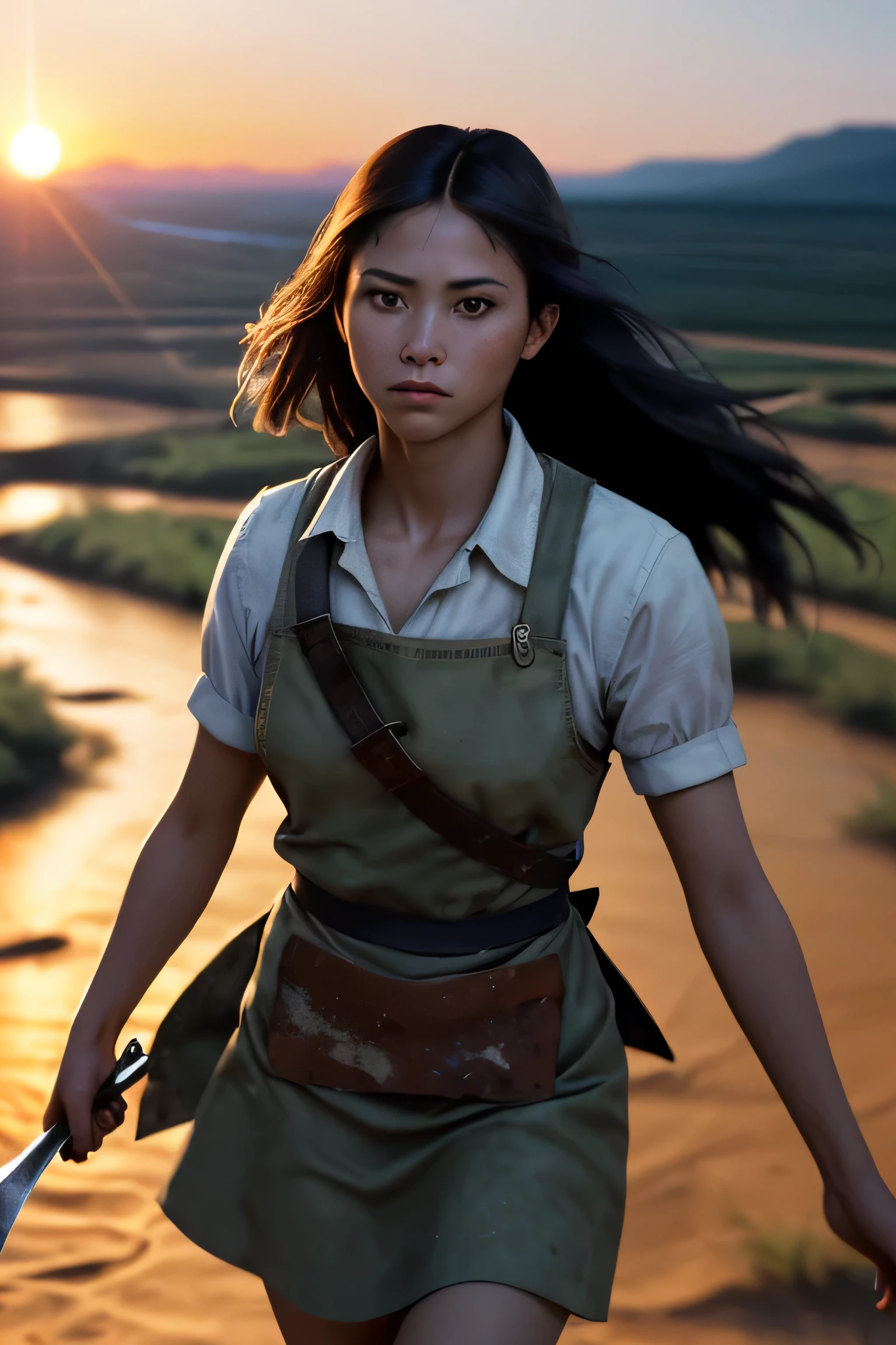 (masterpiece), (very complicated:1.3), (realistic), girl portrait, jumping and casting a sickle, (dynamic perspective), the most beautiful in the world, (waitress), medium-long shot, outdoor, intense sunlight, dry river bed, Kure, Haifa, Stunning female professional photo details, sharp focus, dramatic, Award history, cinematic lighting, Octane Rendering Unreal Engine, volumetrics dtx, (film grain, blurred background, blurred foreground, Bokeh, Depth of the bounds written, sunset)