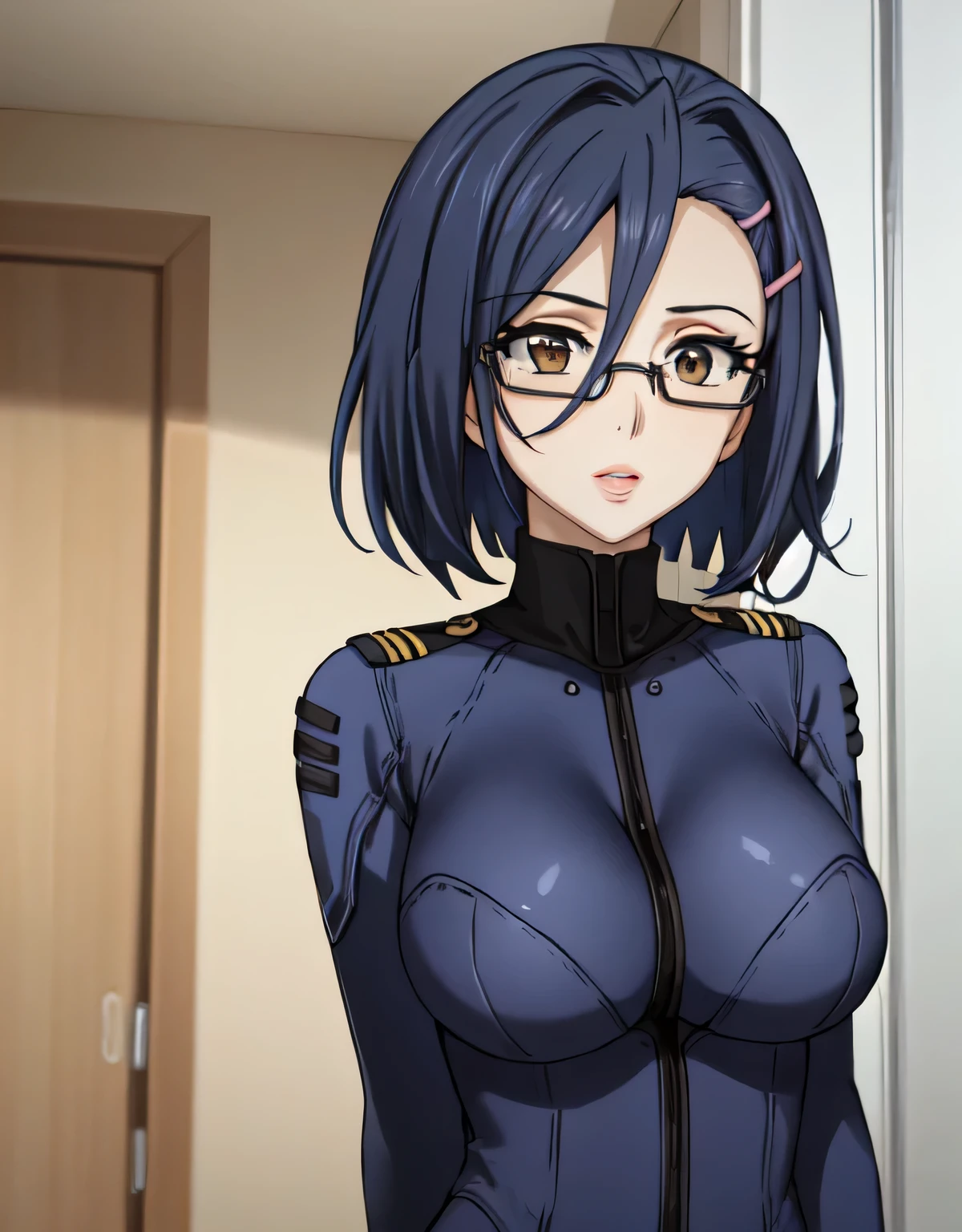 NiimiKaoru,blue hair,short hair,brown eyes,hairclip,lips,semi-rimless eyewear,NiimiBodysuit,blue bodysuit,belt,(large breasts:1.5),(shiny,hair),((solo)),((masterpiece)),((best quality)),perfect anatomy,slim waist,perfect image,8k UHD,(beautiful detailed eyes:1.4),extremely detailed face,standing,(upper body:1.2),(look at the front:1.5),arms behindback,ultra-detailed,absurdres,highres,indoor room,