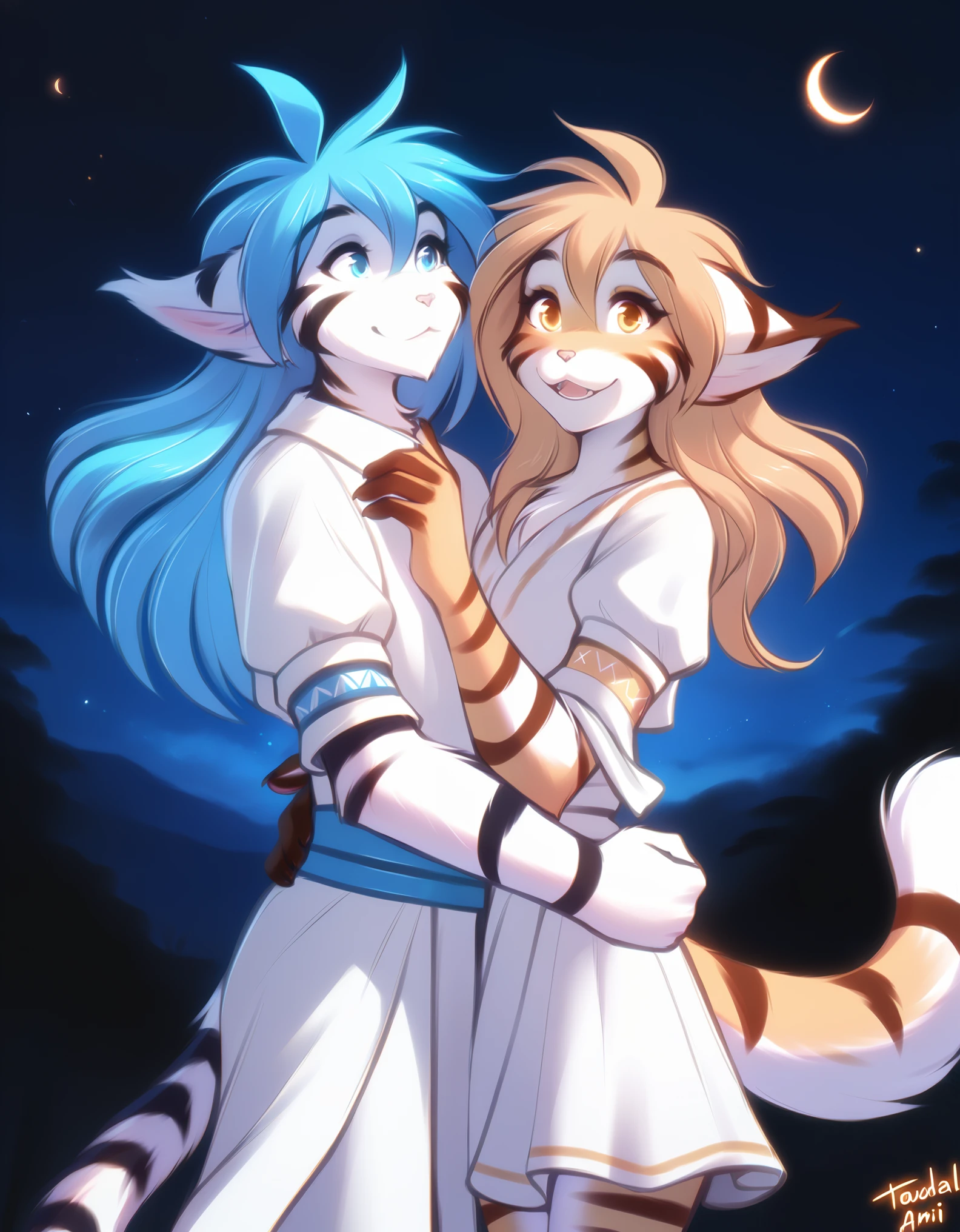 tktigertrace, anthro, keidran, white fur, striped fur, tiger, blue hair, tiger_trace, tiger_trace_twokinds, twokinds, personalami, rating:safe, anthro, arm_tuft, white fur forest, night, stars, moon, blue eyes, long hair , tiger tail, White clothe, famela, 1girl, yellow eyes