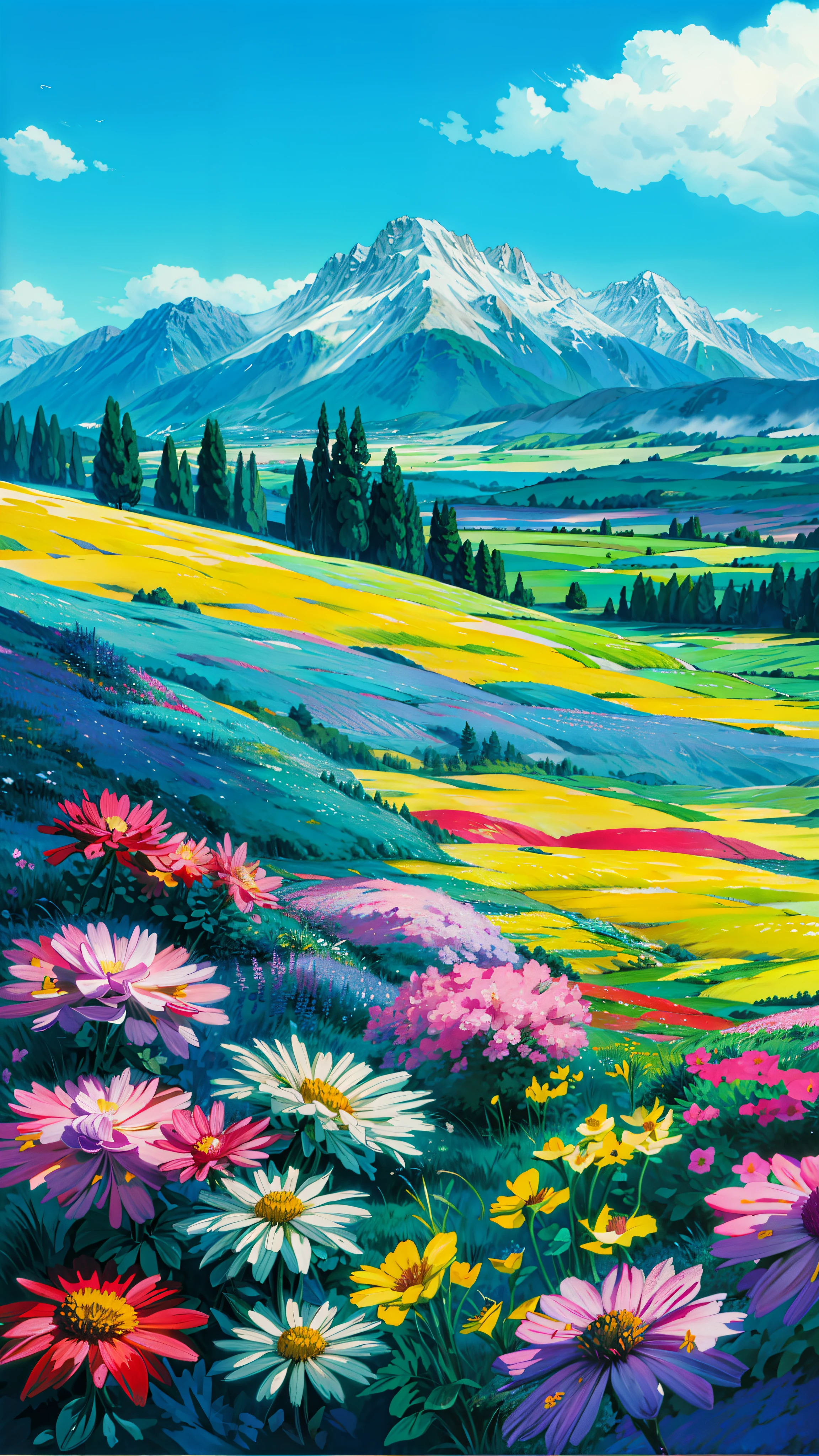 a painting of a field of flowers with mountains in the background, colorful landscape painting, vibrant gouache painting scenery, meadow background, meadow with flowers, background of flowery hill, field of fantasy flowers, flower meadow, hiroo isono, field of flowers background, with flower fields as foreground, romanticism landscape painting, fields of flowers, flower field, colorful wildflowers