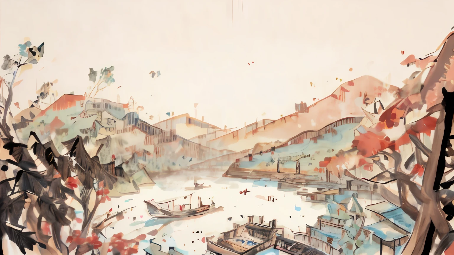 Start of Spring Solar Term, hand-painted, long roll, Chinese wind, illustration, 4K, ink, boats, swallows, small fish in the water, beautiful scenery